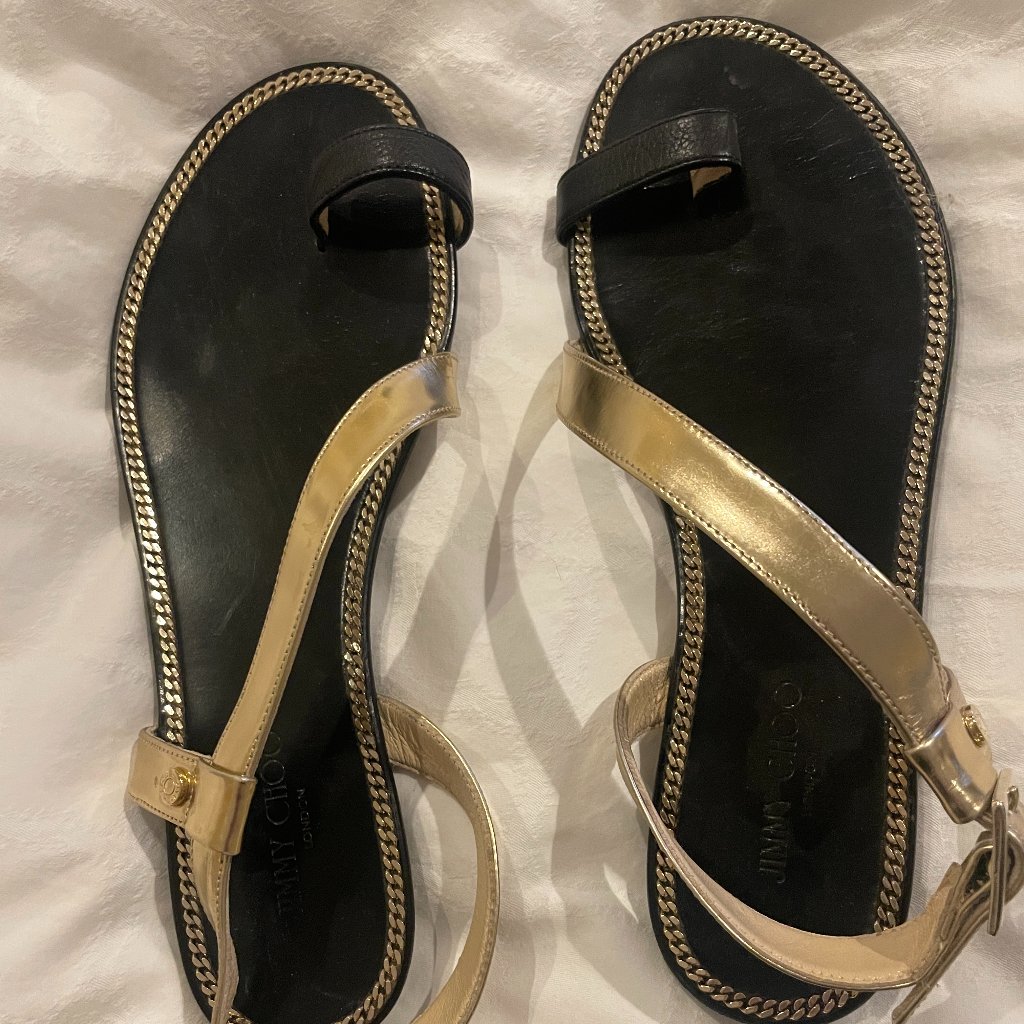 Jimmy Choo Black & Gold Flat Sandal Size 38